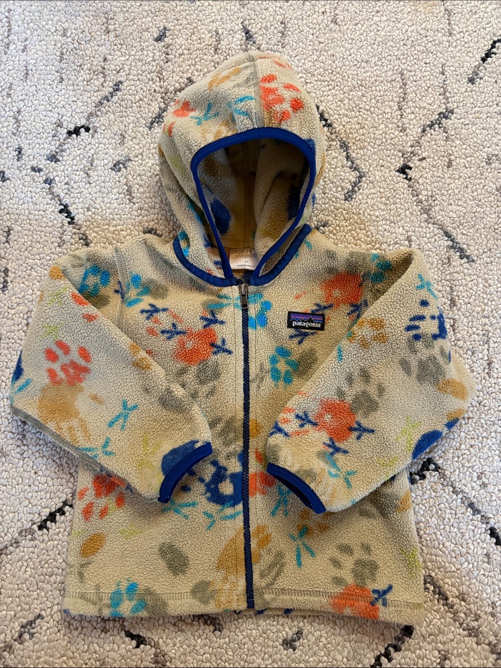 Patagonia Kids Fleece Hoodie - Cream with Blue & Coral Floral Print 2T